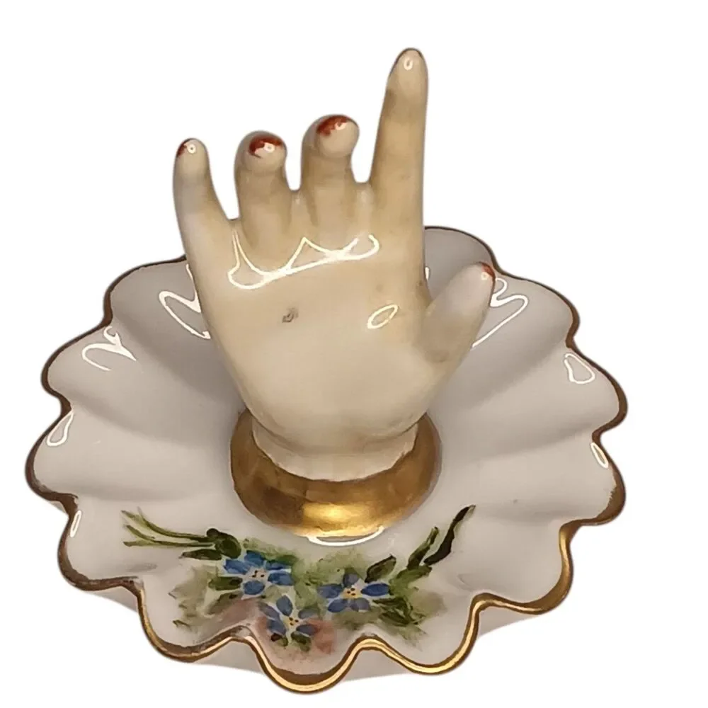 Vintage 1967 Miniature Porcelain Hand Painted Ring Holder Dish Blue Flowers 3.5